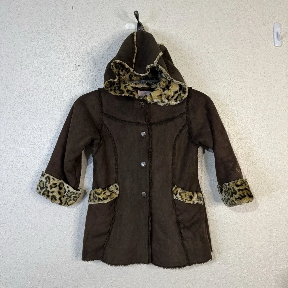 Oshkosh Bgosh Girls Coat 5/6 Faux Fur Leopard‎ Brown Hooded Pockets